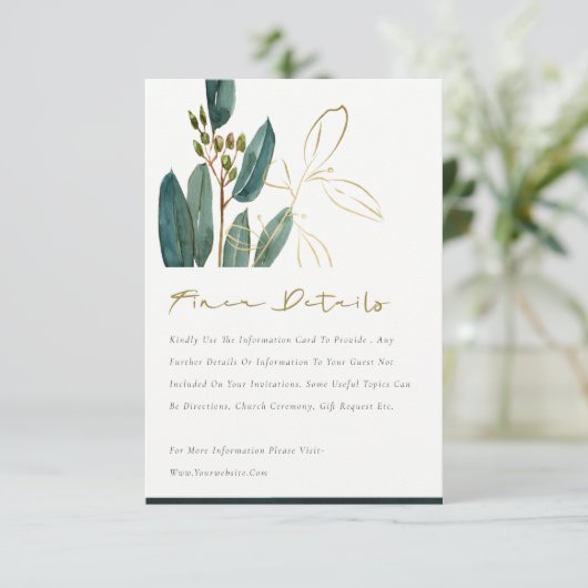 Eukalyptus Green Gold Foliage Hochzeitdetails Begleitkarte (Stehend Vorderseite)