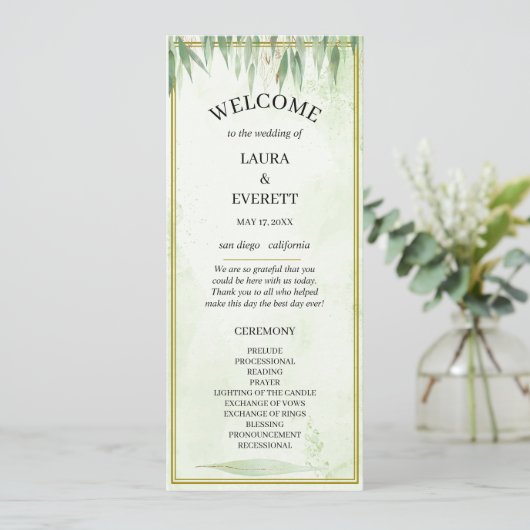 Eukalyptus Green Gold Foliage Wedding Program (Stehend Vorderseite)