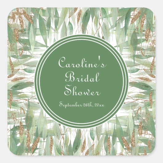 Eukalyptus Green Gold Glitzer Blätter Brautparty Quadratischer Aufkleber (Vorderseite)