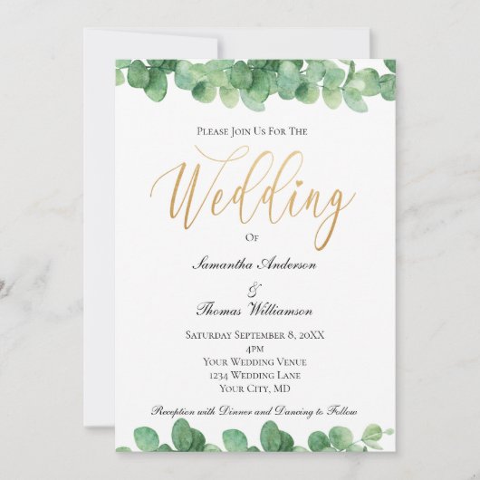 Eukalyptus Green Gold Script Elegante Wedding Einladung (Vorderseite)