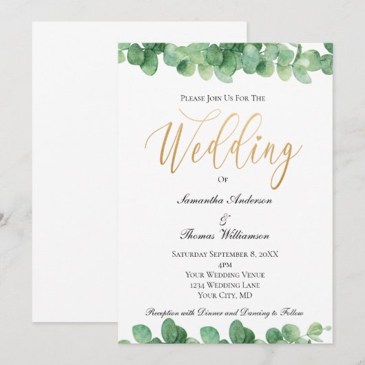 Eukalyptus Green Gold Script Elegante Wedding Einladung (Vorne/Hinten)