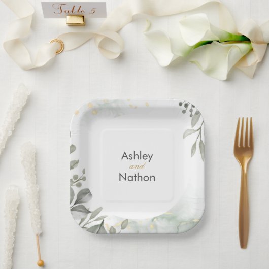 Eukalyptus green & gold Wassercolor Hochzeit Pappteller (Hochzeit)