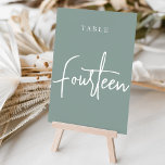 Eukalyptus Green Hand Scripted Tabelle VIERZEHN Tischnummer<br><div class="desc">Einfache und schicke Tischnummer-Karten in Eukalyptus Grün und Weiß geben bei Ihrer Hochzeit oder Veranstaltung eine elegante Note. Das Design bietet "table [number]" in einem spannenden Mix aus klassischen Serifen und handgeschriebenen Skripten. Design wiederholt sich auf beiden Seiten. Einzelne nummerierte Karten werden separat verkauft; bestellen Sie jede Tischnummer einzeln aus...</div>