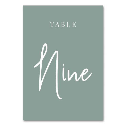Eukalyptus Green Hand Scripted Table NINE Tischnummer (Vorderseite)