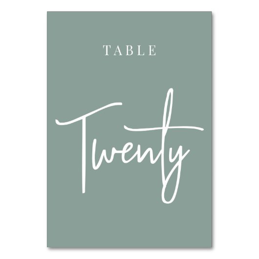Eukalyptus Green Hand Scripting Table TWENTY Tischnummer (Vorderseite)