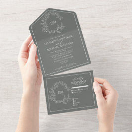 Eukalyptus Green Leafy Wappen Monogram Wedding All In One Einladung