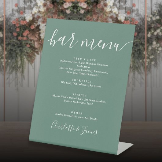 Eukalyptus Green Modern Script Wedding Bar Menu Sockelschild