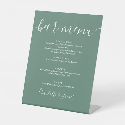 Eukalyptus Green Modern Script Wedding Bar Menu Sockelschild (Vorderseite)