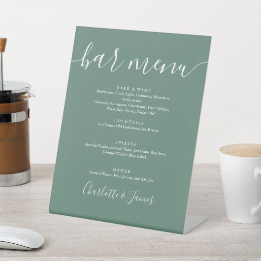 Eukalyptus Green Modern Script Wedding Bar Menu Sockelschild (In SItu)