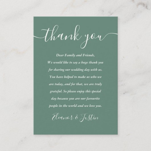 Eukalyptus Green Modern Script Wedding Vielen Dank Platzkarte (Vorderseite)