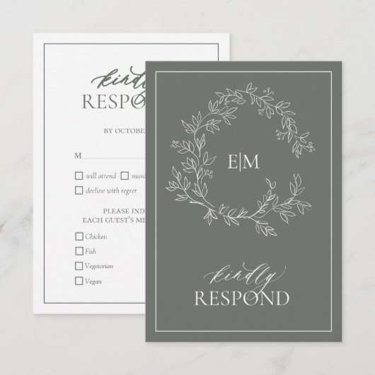 Eukalyptus Green Monogram Wedding RSVP Card Karte (Vorne/Hinten)