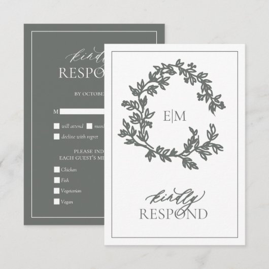 Eukalyptus Green Monogram Wedding RSVP Card Karte (Vorne/Hinten)