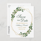 Eukalyptus Green Save the Date Gold Ankündigungspostkarte (Vorne/Hinten)