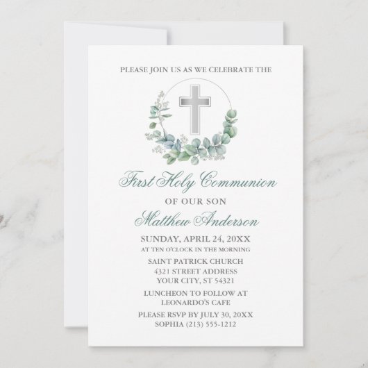 Eukalyptus Green Silver First Communion Einladung (Vorderseite)
