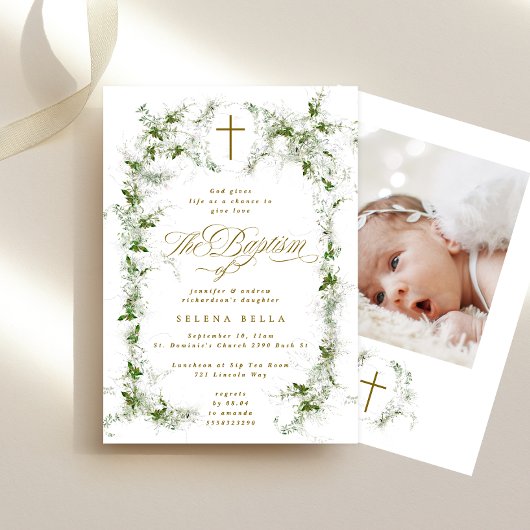 Eukalyptus Green White Frame Cross Taufen Foto Einladung