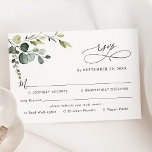 Eukalyptus Greenera Mahl Optionen Song Anfrage RSVP Karte<br><div class="desc">Diese individuell gestaltbare RSVP-Karte für Meal Options,  die sich mit unserer Hochzeitskollektion Boho Greenery abstimmt,  verfügt über einen Eukalyptuszweig in Aquarellen mit kalligrafischem Text,  gepaart mit einem klassischen Serif & modernen Sans Schriftart in Schwarz. Matching-Elemente verfügbar.</div>