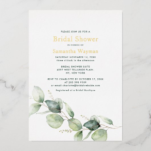 Eukalyptus Greenerage Foliage Brautparty Gold Folieneinladung (Vorderseite)