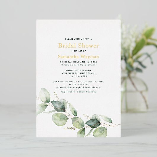 Eukalyptus Greenerage Foliage Brautparty Gold Folieneinladung (Stehend vorne)