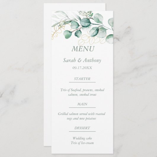Eukalyptus Greenerage Foliage Rustikales Hochzeite Menükarte (Vorne/Hinten)