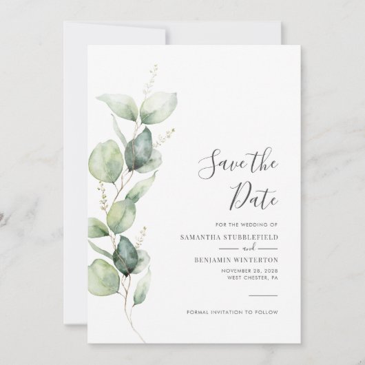 Eukalyptus Greenerage Foliage Script Wedding Save The Date (Vorderseite)