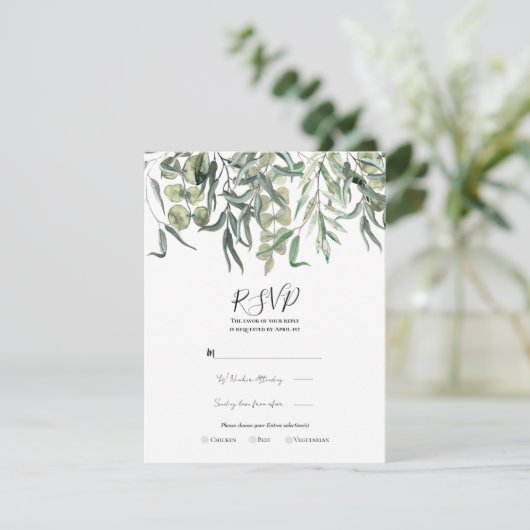 Eukalyptus Greeneral Minimal Wedding RSVP Einladung (Stehend Vorderseite)