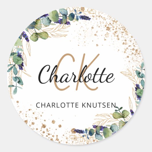 Eukalyptus Greenerenery Glitzer monogram vielen Da Runder Aufkleber (Vorderseite)