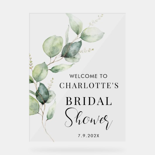 Eukalyptus Greenerenery Script Brautparty Willkomm Acrylschild (Vorderseite)