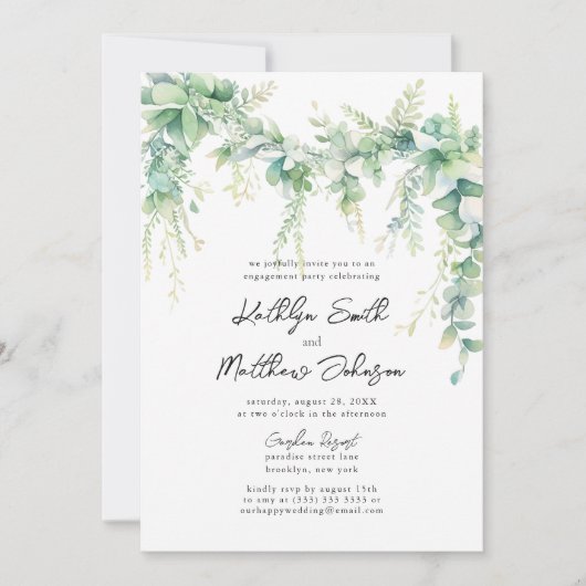 Eukalyptus Greenerenery Script Moderne Engagement Einladung (Vorderseite)
