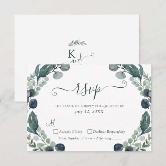 Eukalyptus Greenerenery Script Wedding RSVP Karte (Vorne/Hinten)