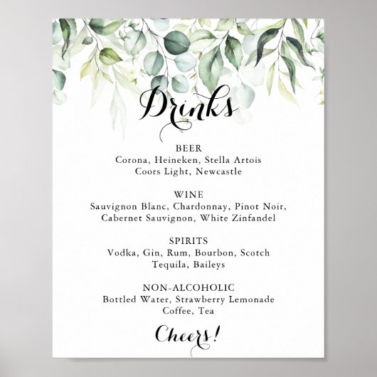 Eukalyptus Greeneria Wedding Drinks Menu für Wasse Poster (Vorne)