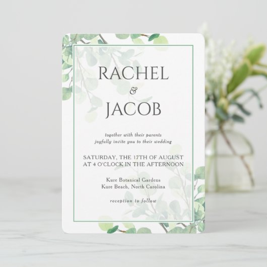 Eukalyptus Greenerity Background Wedding Einladung (Stehend Vorderseite)