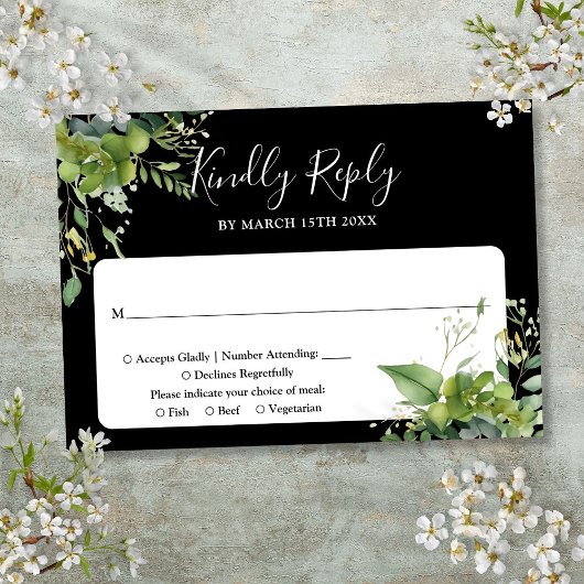 Eukalyptus Greenerity Black and White Wedding RSVP Karte