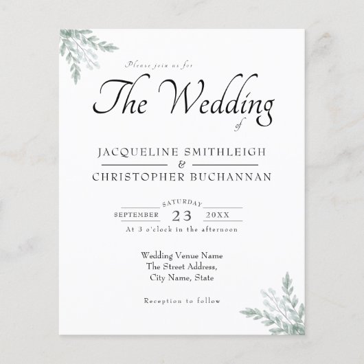 Eukalyptus Greenerity Budget Einladung Hochzeit Flyer (Vorne)