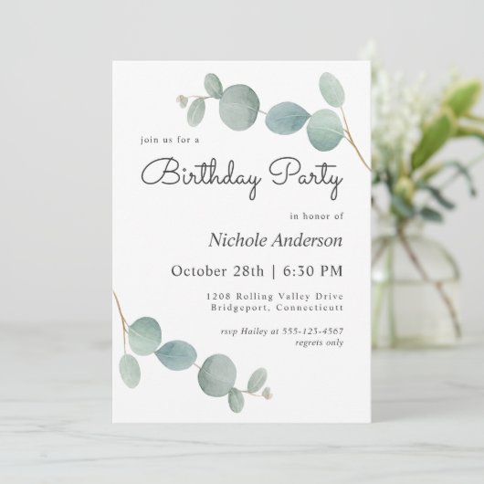 Eukalyptus Greenerity Geburtstagsparty Einladung (Stehend Vorderseite)