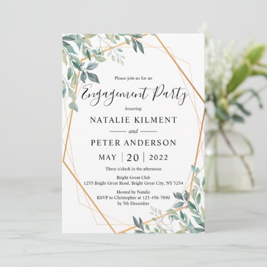Eukalyptus Greenerity Gold Frame Engagement Party Einladung (Stehend Vorderseite)
