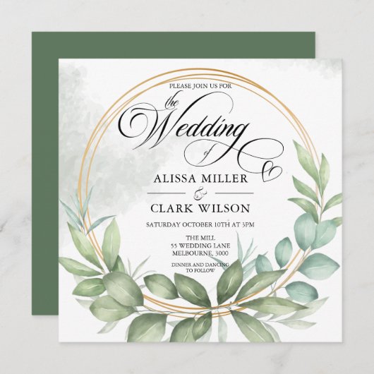 Eukalyptus Greenerity Gold Frame Wedding Einladung (Vorne/Hinten)