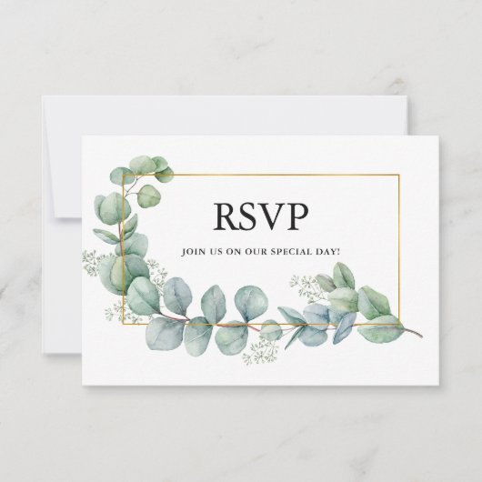 Eukalyptus Greenerity Gold Frame Wedding RSVP Karte (Vorderseite)