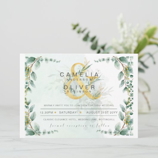 Eukalyptus Greenerity Gold Wedding QR CODE IN Einladung (Stehend Vorderseite)