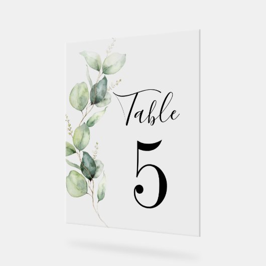 Eukalyptus Greenerity Tischnummer 5 Hochzeitssitze Acrylschild (Winkel)