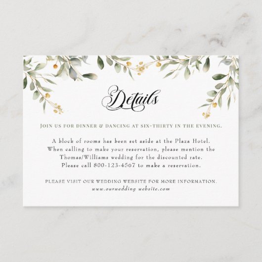 Eukalyptus Greenerity und Gold Wedding Details Begleitkarte (Vorderseite)