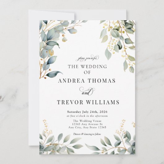 Eukalyptus Greenerity und Gold Wedding Einladungen (Vorderseite)