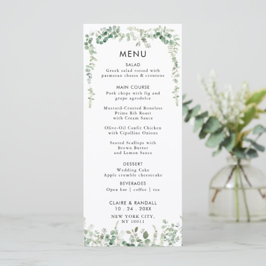 Eukalyptus Greenerity Wedding Flat Menu Menükarte (Stehend Vorderseite)
