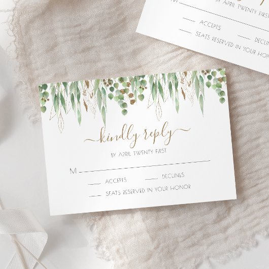 Eukalyptus Greenerity Wedding Gold Glitzer RSVP Karte