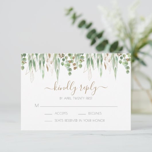 Eukalyptus Greenerity Wedding Gold Glitzer RSVP Karte (Stehend Vorderseite)