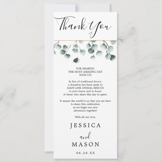 Eukalyptus Greenerity Wedding Menü und vielen Dank Einladung (Rückseite)