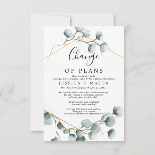 Eukalyptus Greenerity Wedding Postponed Announceme Einladung (Vorderseite)