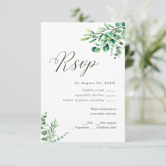 Eukalyptus Greenerity Wedding RSVP (Stehend Vorderseite)