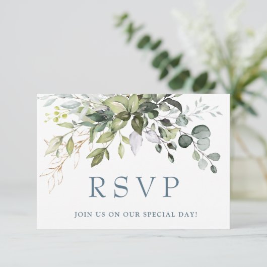 Eukalyptus Greenerity Wedding RSVP Card (Stehend Vorderseite)