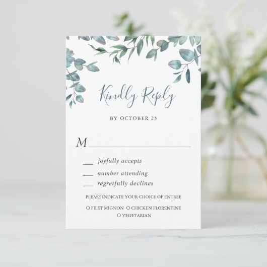 Eukalyptus Greenerity Wedding RSVP Card (Stehend Vorderseite)