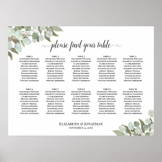 Eukalyptus Greenery 10 Table Wedding Seating Chart Poster (Vorne)